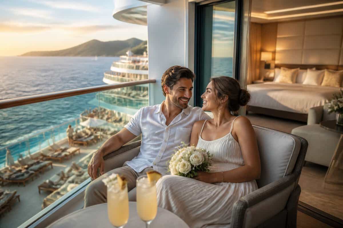 Newlywed couple relaxing on a luxurious cruise ship balcony overlooking the ocean at sunset.