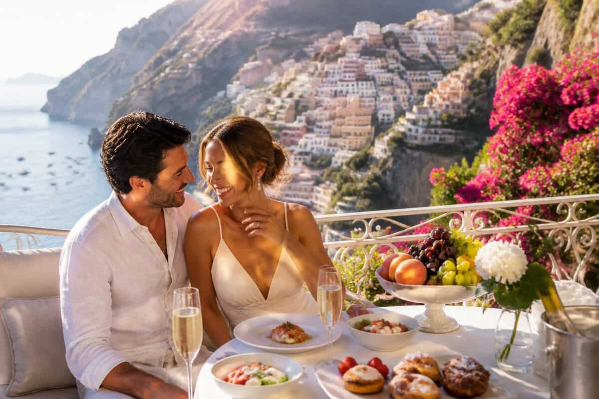 A newlywed couple enjoys a romantic meal on a terrace overlooking the Amalfi Coast.