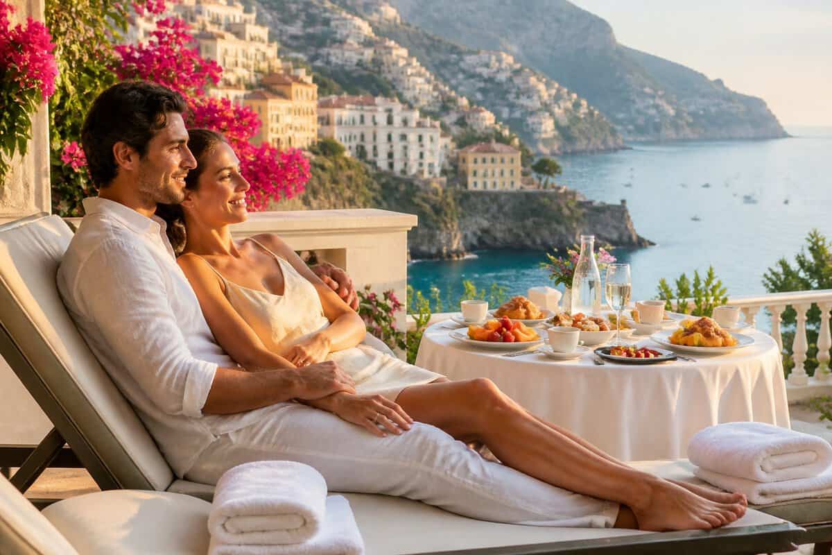Newlywed couple relaxing on a terrace at an Italian seaside resort overlooking the Mediterranean.