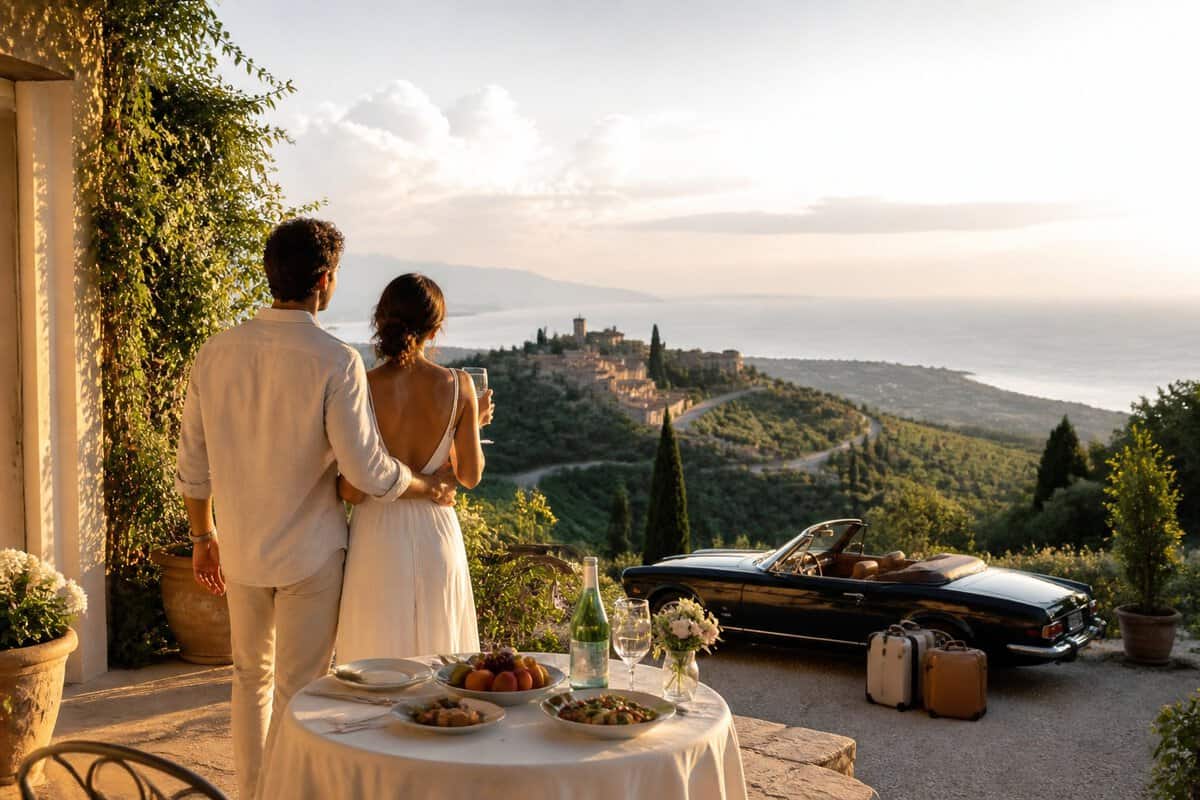 A newlywed couple enjoys a luxurious Italian countryside retreat overlooking vineyards and the Mediterranean coast.