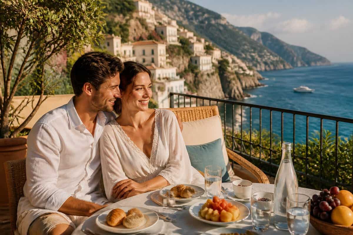 A newlywed couple enjoys breakfast on a terrace overlooking the Amalfi Coast.