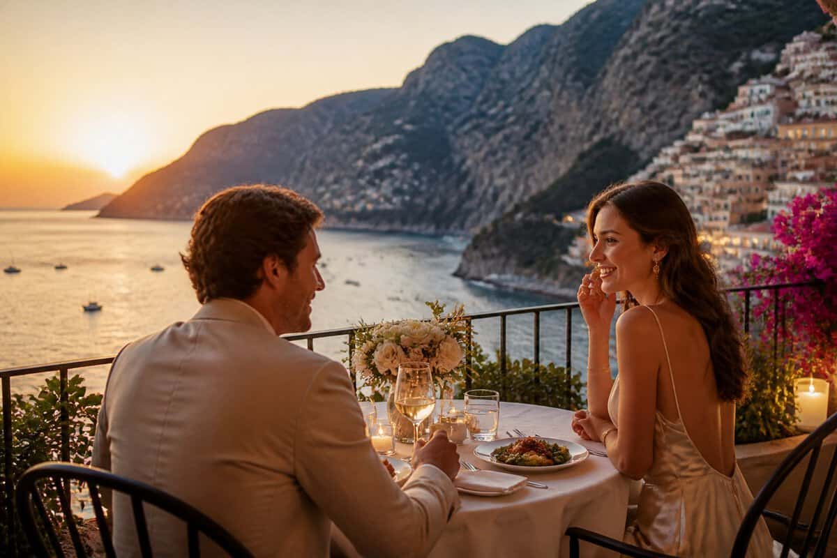 A newlywed couple enjoys a candlelit dinner on a terrace overlooking the Italian coast at sunset.