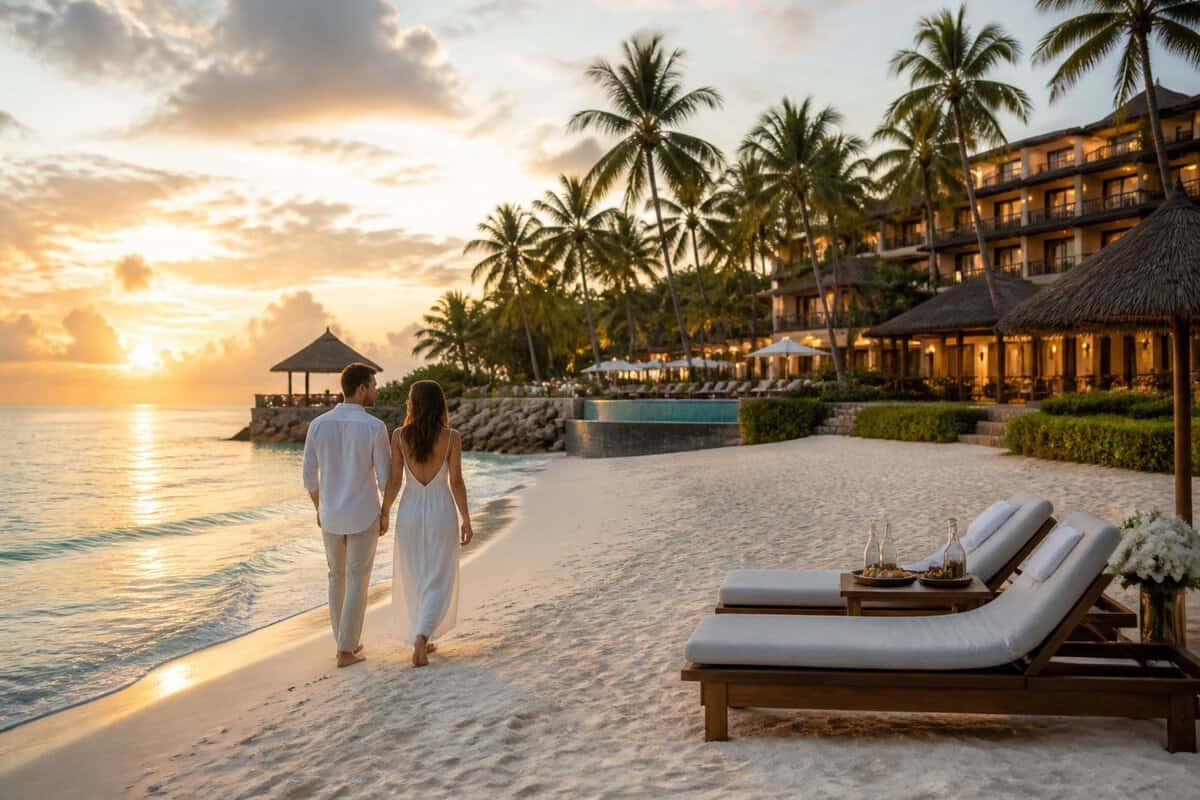 A newlywed couple walks along a tropical beach beside a luxurious resort at sunset.