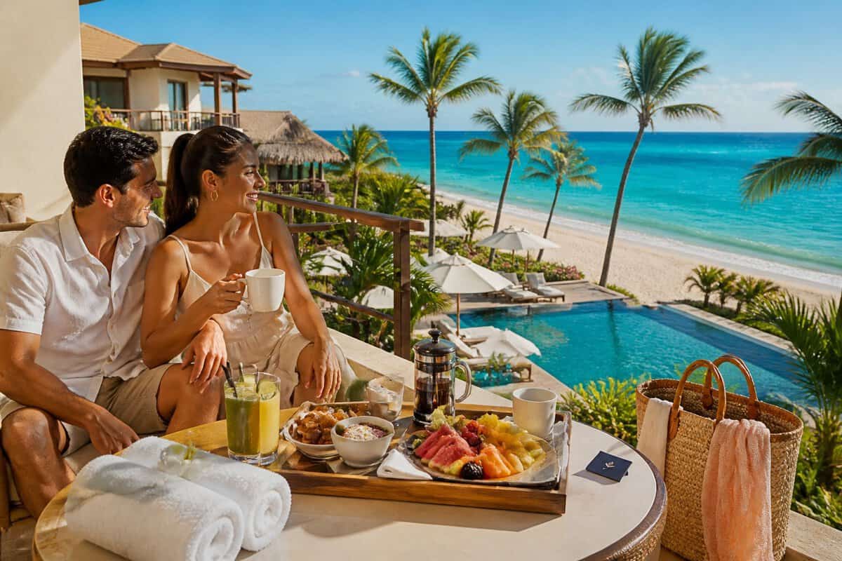 Newlywed couple relaxing on a tropical resort balcony with breakfast, drinks, and an ocean view.