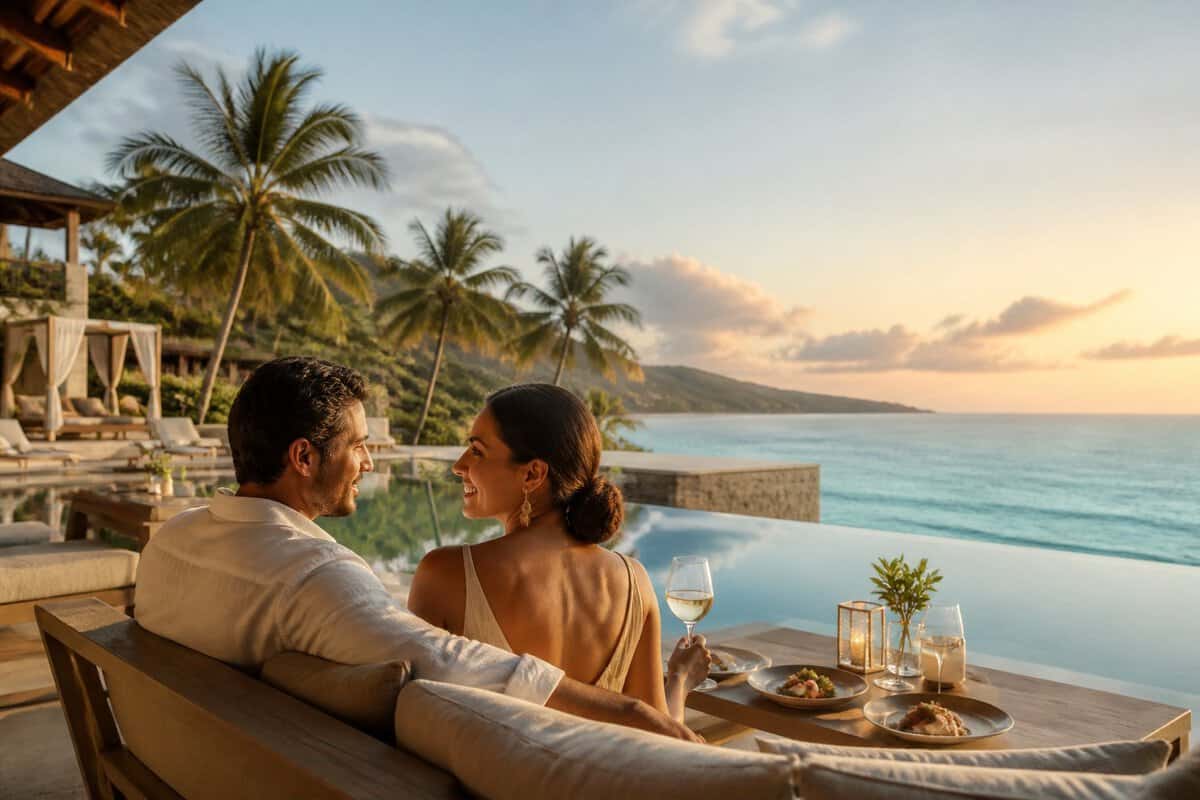 Newlywed couple relaxing at a tropical all-inclusive resort overlooking the ocean.