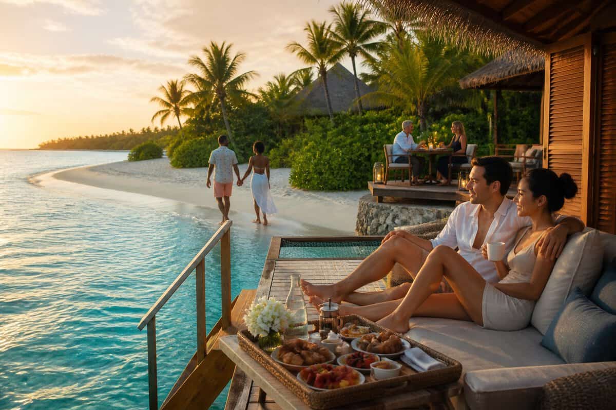 Three diverse couples enjoy romantic experiences at a tropical all-inclusive resort.