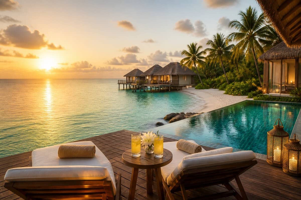 A luxurious tropical resort with beachfront villas, an infinity pool, palm trees, and two lounge chairs overlooking the ocean.