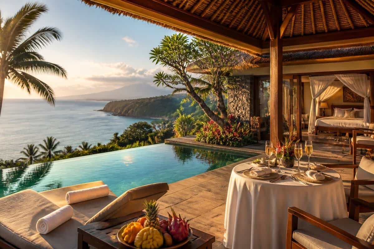 A luxury Bali resort villa with a private infinity pool, tropical gardens, ocean views, and a romantic table set for two.