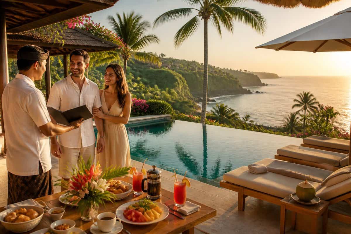 Newlywed couple relaxing on a tropical Bali resort terrace overlooking the ocean with breakfast and drinks nearby.