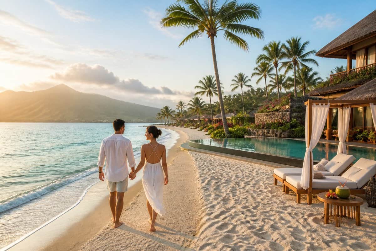 A couple walks hand in hand along a tropical Bali beach beside a luxury resort at sunset.