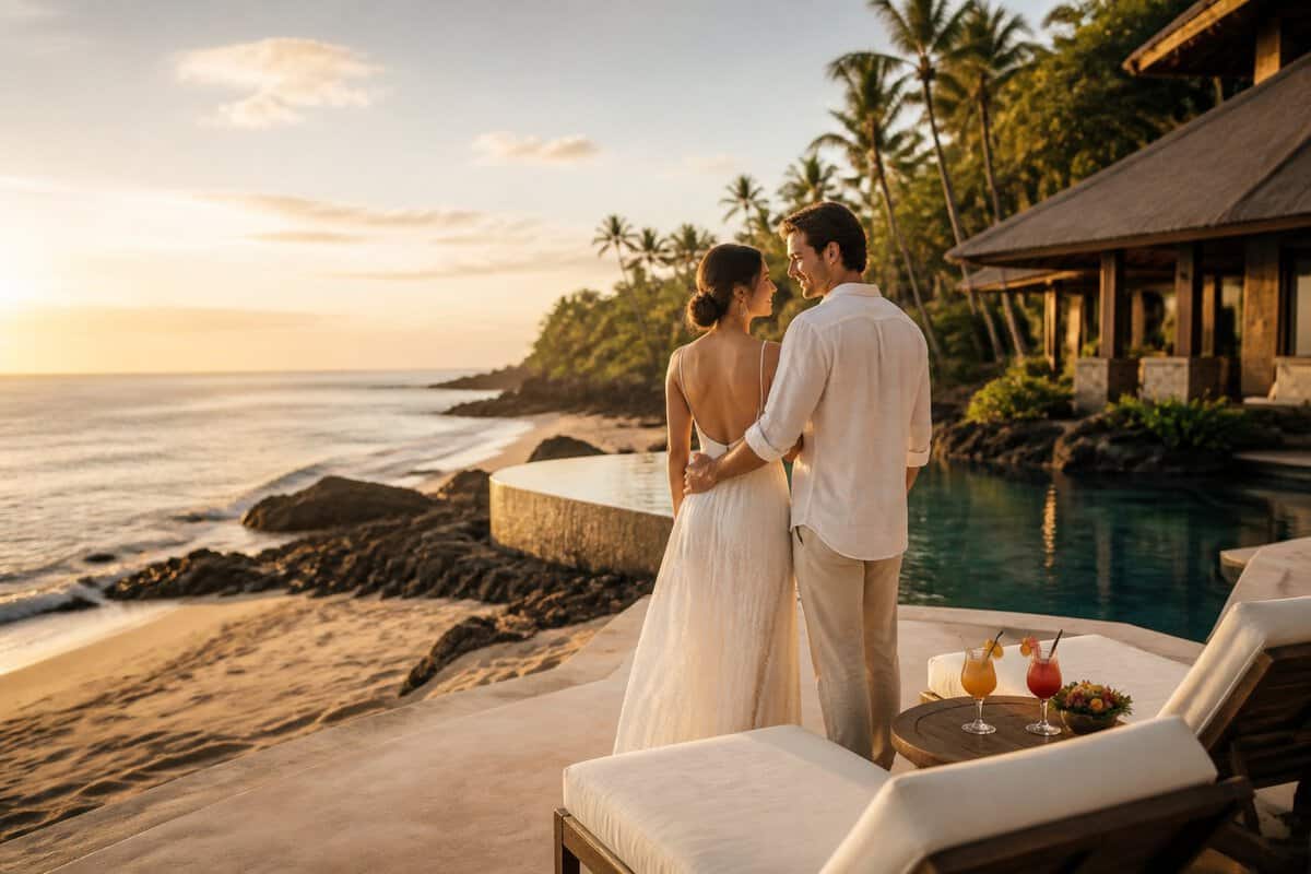 A newlywed couple stands together on a tropical Bali beach near a luxurious resort at sunset.