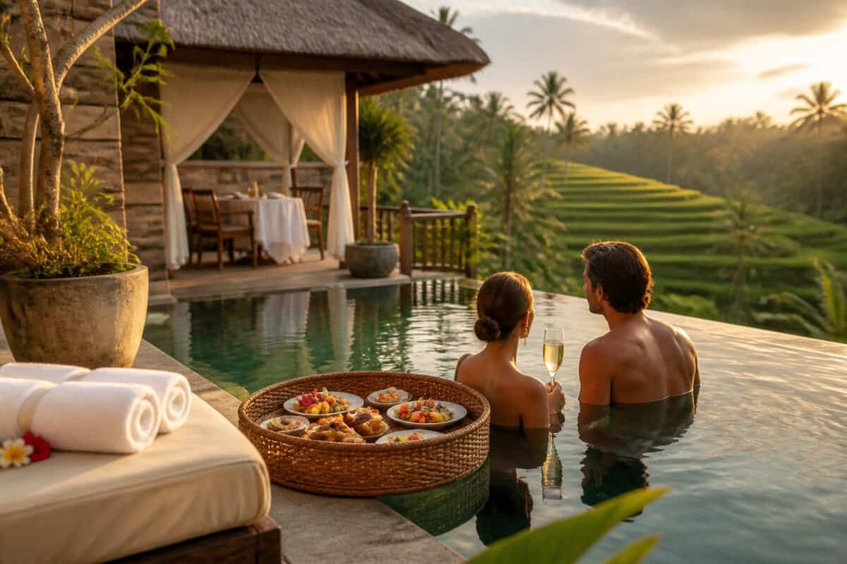 A honeymoon couple relaxes beside a private infinity pool overlooking lush Balinese rice terraces, with tropical fruit and sparkling wine nearby.