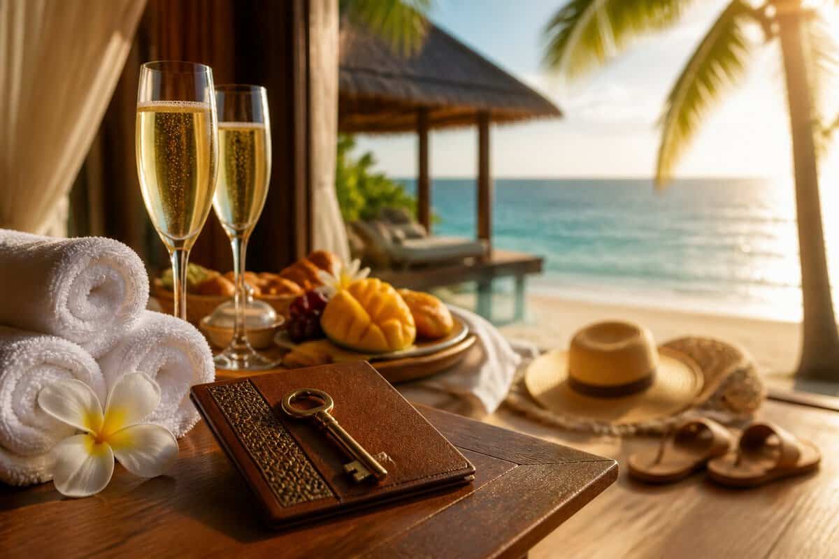 A brass resort key beside champagne, tropical fruit, and breakfast amenities overlooking a tropical beach.