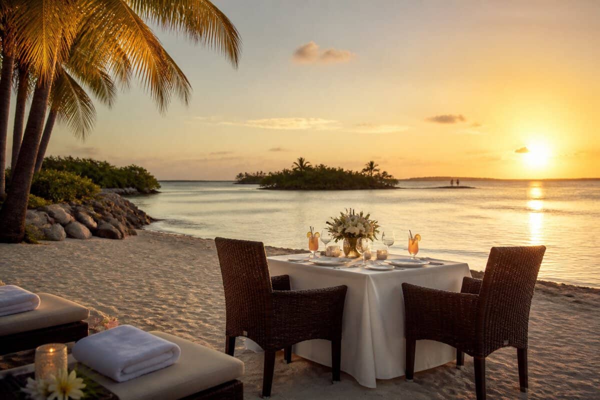 A romantic beachside table for two at a tropical Florida Keys resort overlooking turquoise water and palm trees.