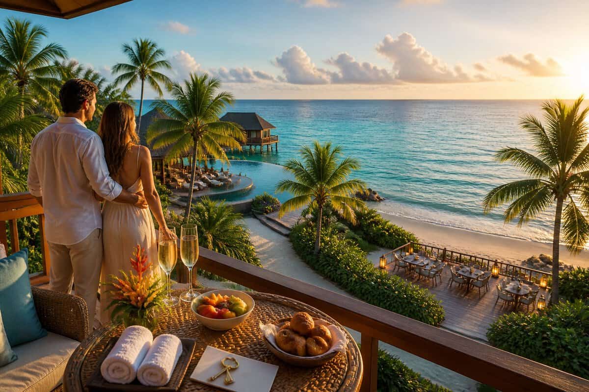 A couple overlooks a tropical resort with a private beach, infinity pool, bungalow, and romantic dining area.