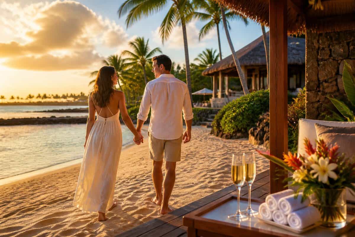A couple walks hand in hand along a tropical beach beside a luxurious resort.