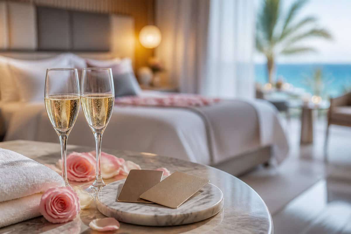 Luxury honeymoon suite with hotel key cards, champagne glasses, rose petals, and a tropical view.