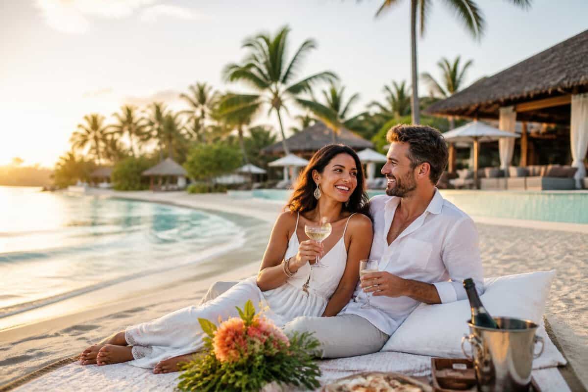 A newlywed couple relaxes on a tropical Caribbean beach near a luxury resort.