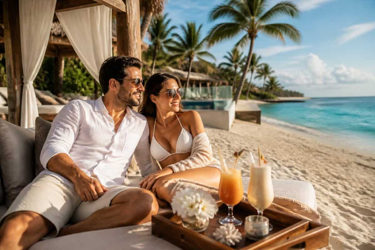 Newlywed couple relaxing together on a tropical Caribbean beach beside a luxury resort.
