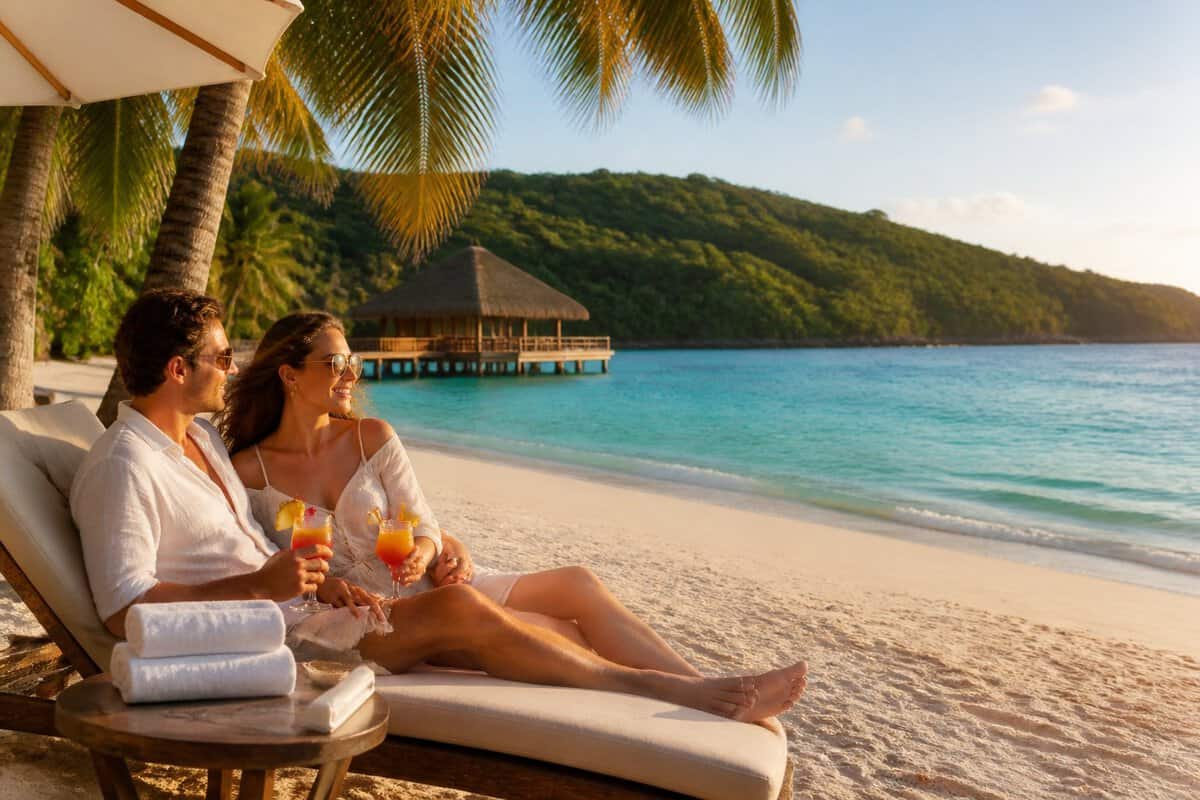 A newlywed couple relaxing together on a tropical Caribbean beach at a luxury resort.