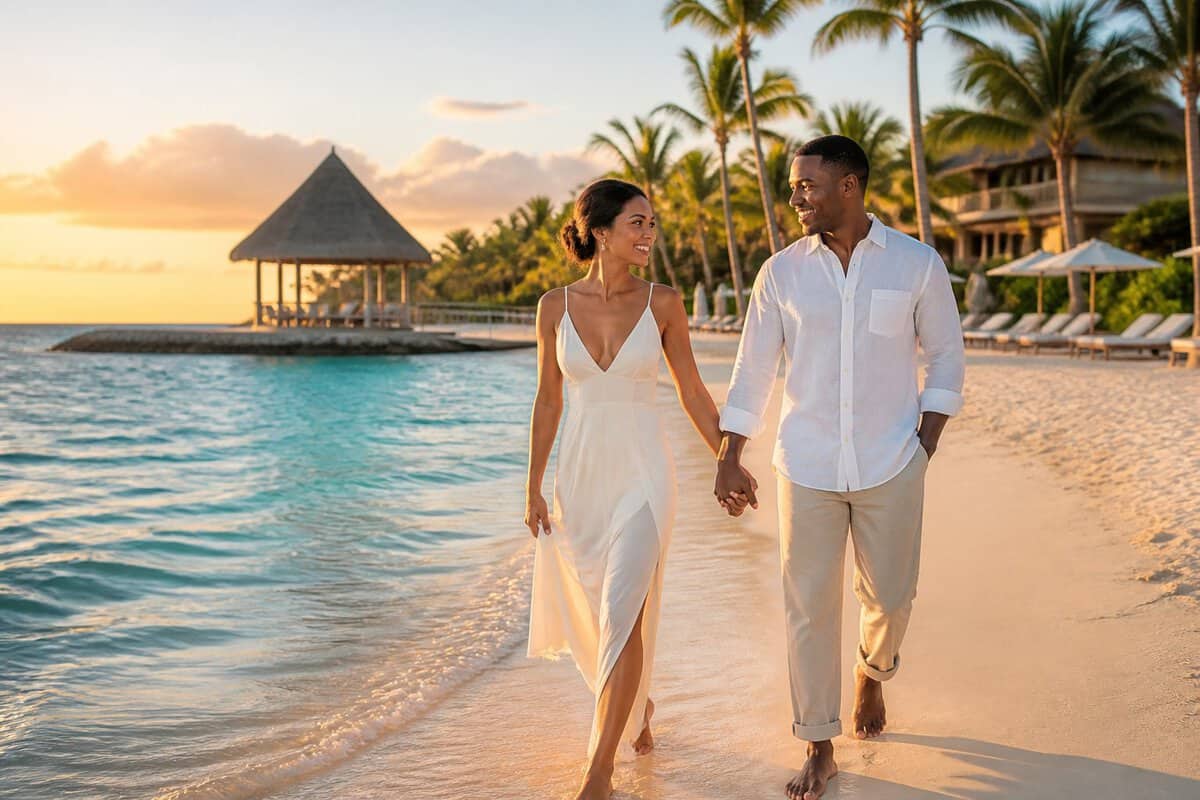 Newlywed couple walking hand in hand along a tropical Caribbean beach near a luxury resort.