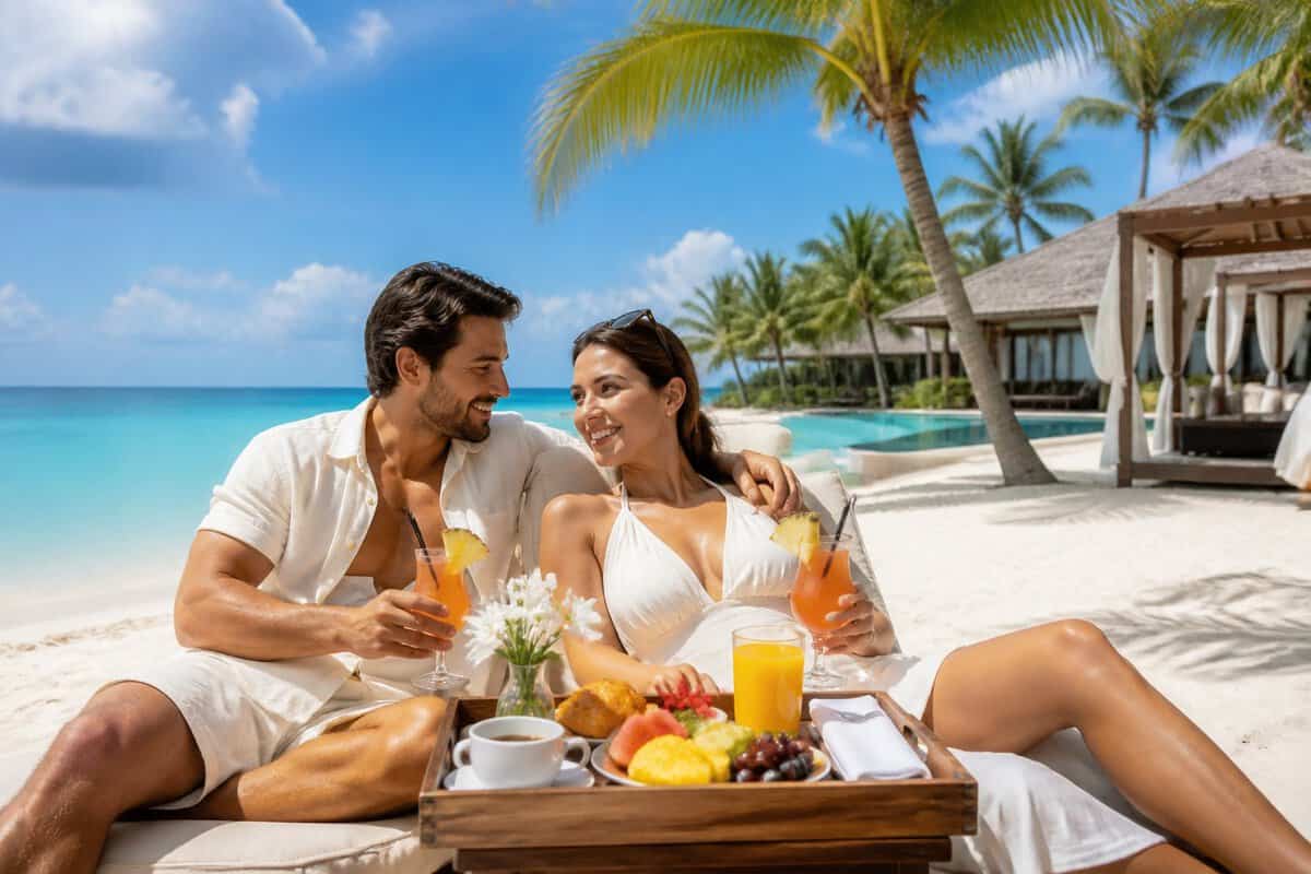 Newlywed couple relaxing with tropical drinks on a Caribbean beach beside a luxury resort.
