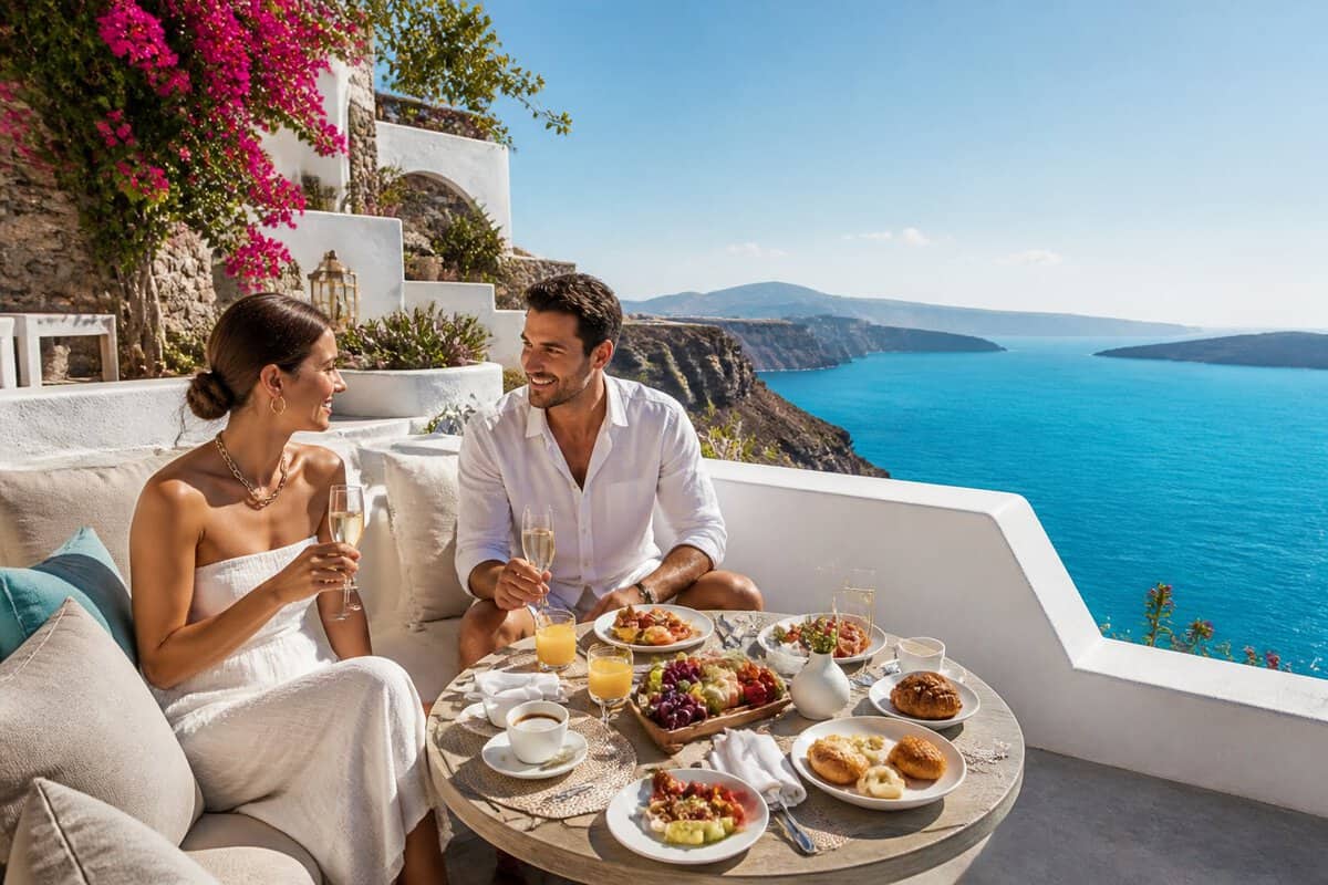 A newlywed couple enjoying breakfast on a luxury Greek resort terrace overlooking the turquoise Aegean Sea.