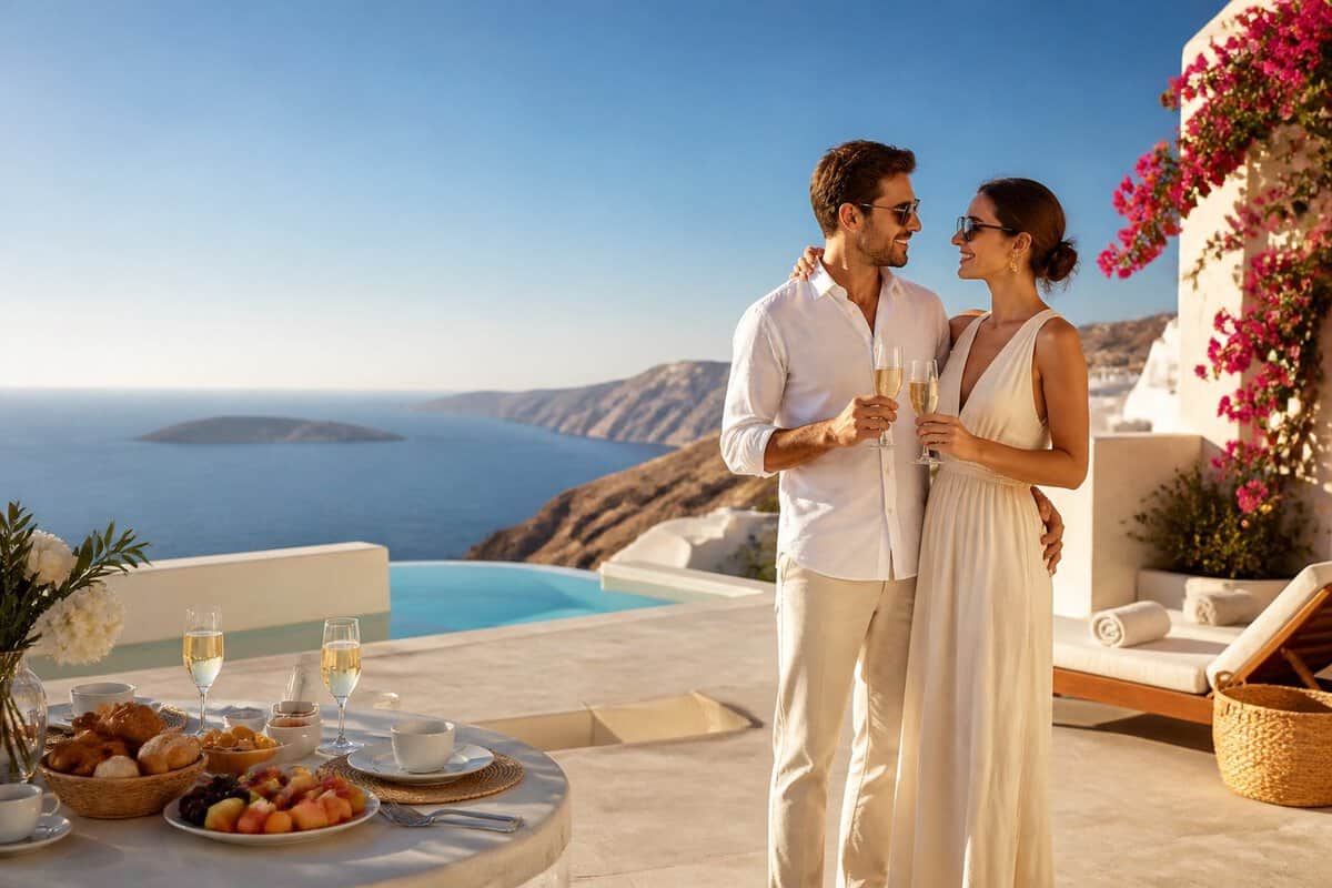 Newlywed couple enjoying breakfast on a Greek resort terrace overlooking the Aegean Sea.