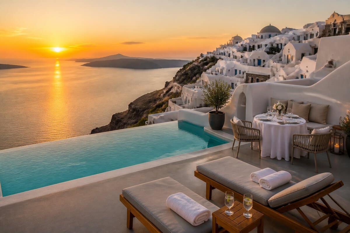 A romantic Greek island resort with a private infinity pool, sea views, and a dinner table for two at sunset.