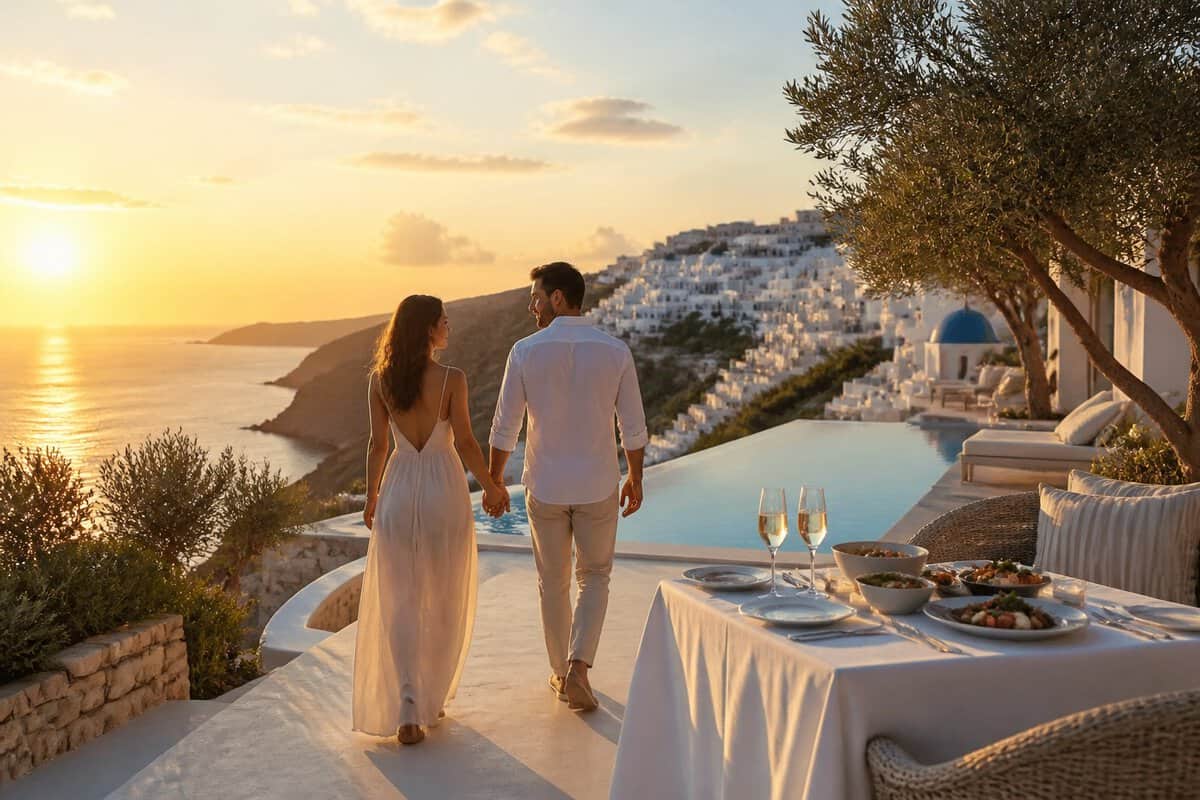 A couple enjoys a romantic sunset at a Greek island resort overlooking the sea.