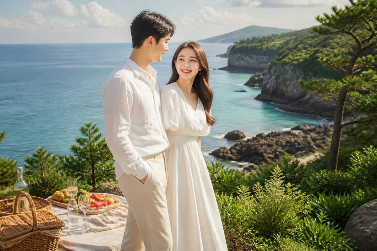 A newlywed couple enjoying a scenic coastal overlook on Jeju Island, South Korea.