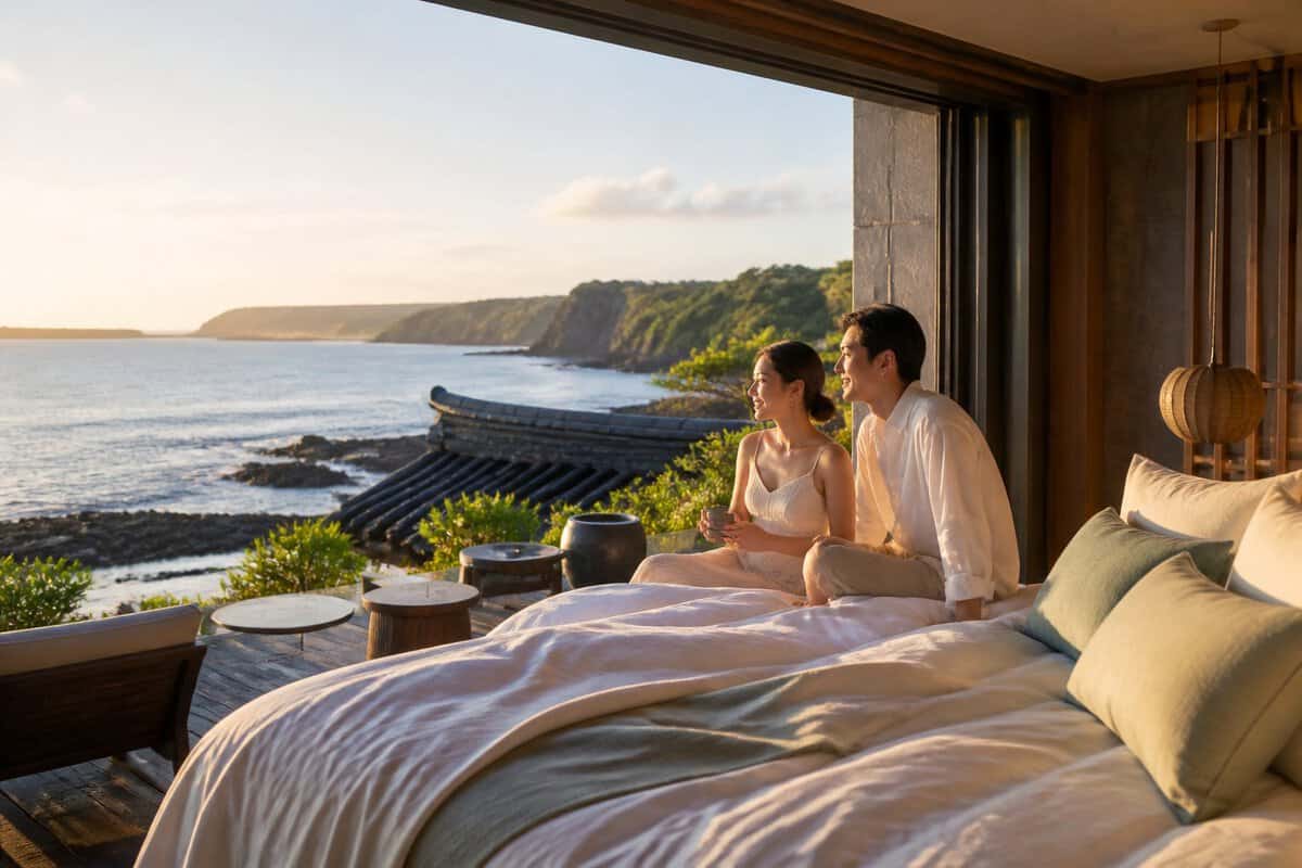A newlywed couple relaxes on a luxury seaside resort terrace overlooking the coast of Jeju Island.