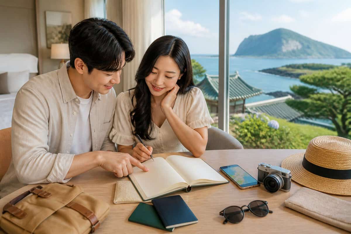 A couple plans a honeymoon itinerary together at a table overlooking a scenic Korean landscape.