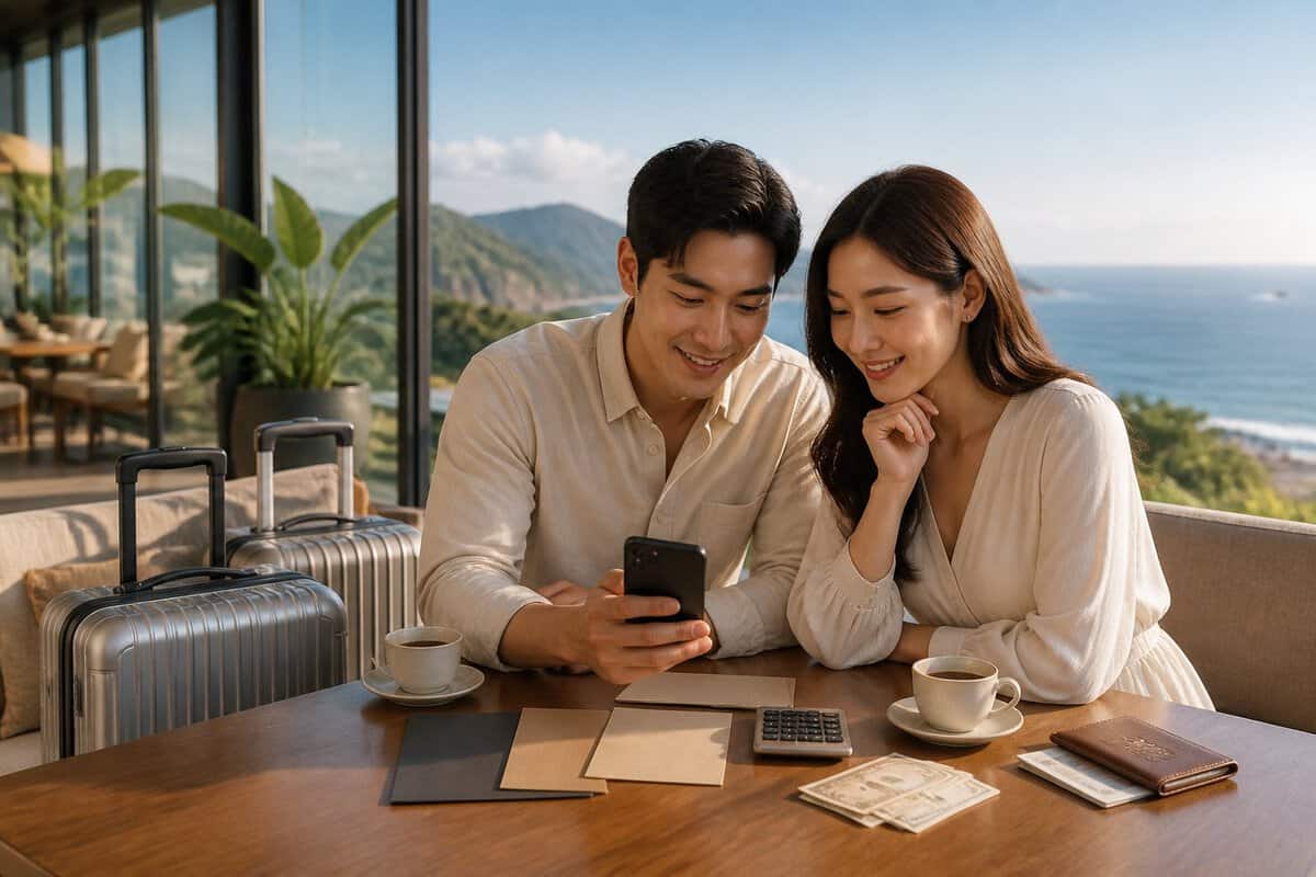 A newlywed couple reviews honeymoon expenses at a resort table overlooking a scenic Korean coast.