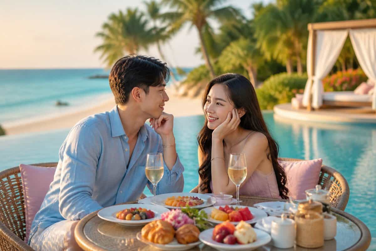 A newlywed couple relaxes beside an infinity pool at a luxurious tropical resort.