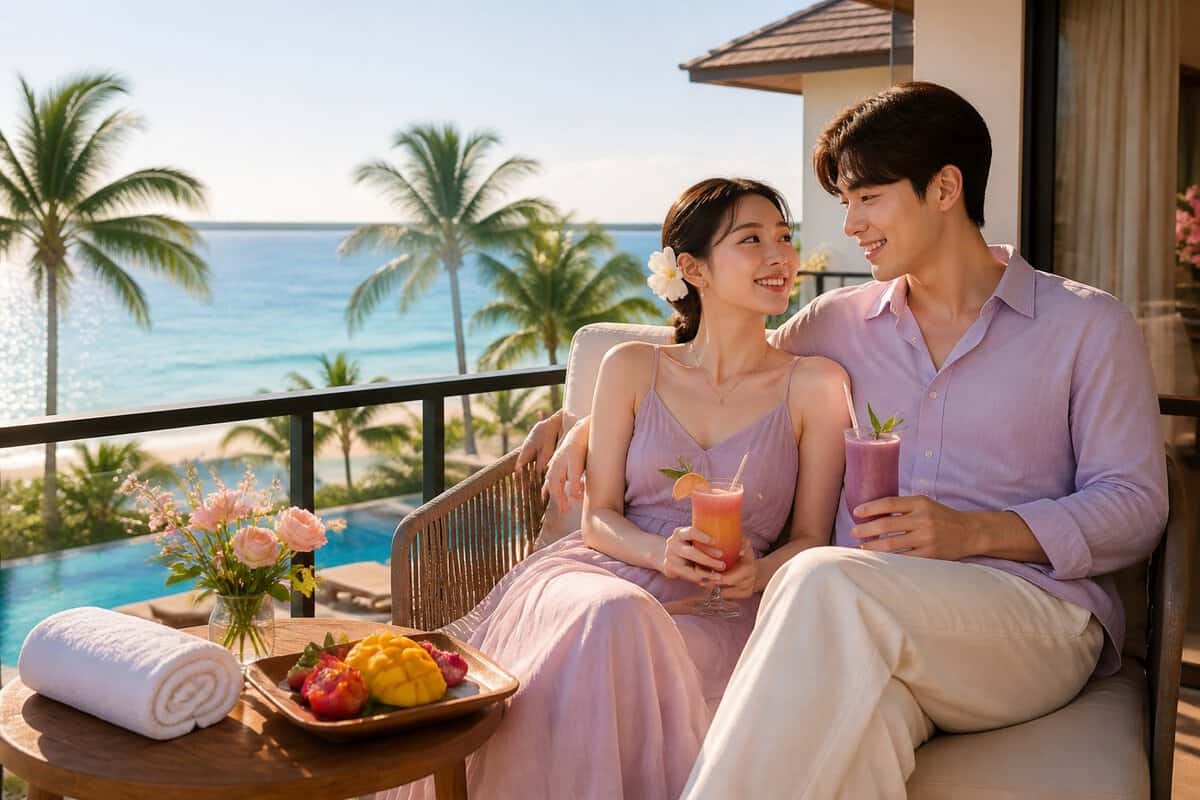 A newlywed couple enjoys drinks together on a luxury tropical resort balcony overlooking the ocean.
