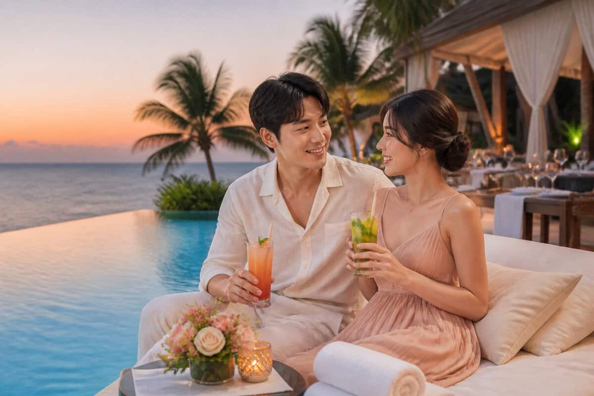 Newlywed couple relaxing beside an infinity pool at a luxurious tropical resort overlooking the ocean.