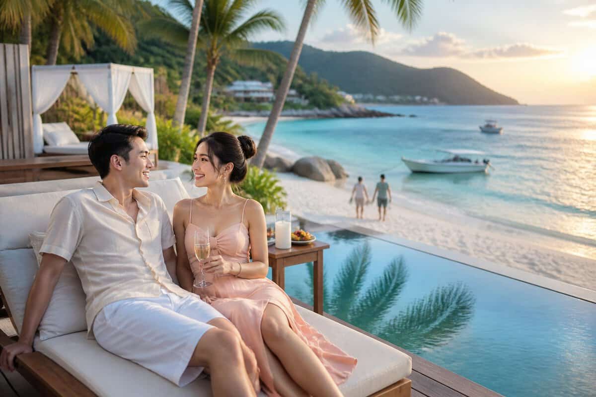 A newlywed couple enjoys a luxurious tropical beach resort with turquoise water, palm trees, and distant green hills.