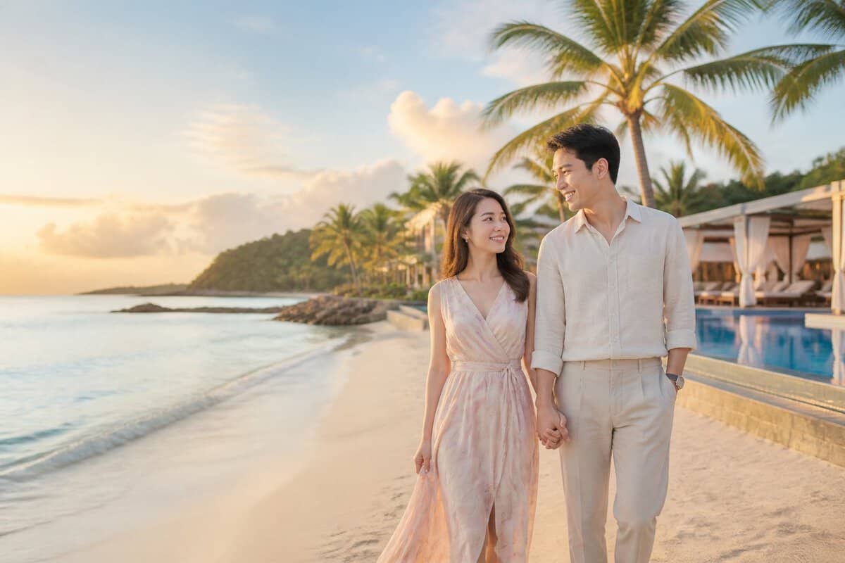A newlywed couple walks hand in hand along a tropical resort beach at sunset.