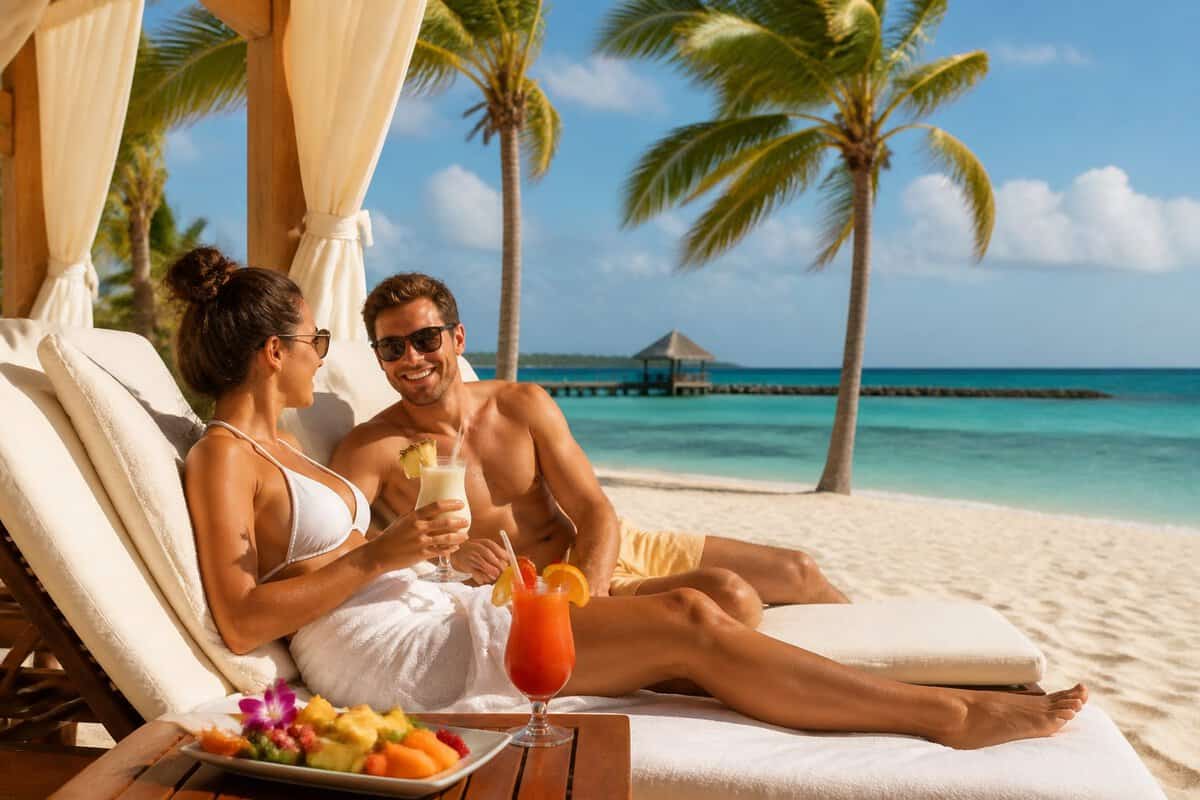 Newlywed couple relaxing together at a luxurious beachfront resort in Aruba.
