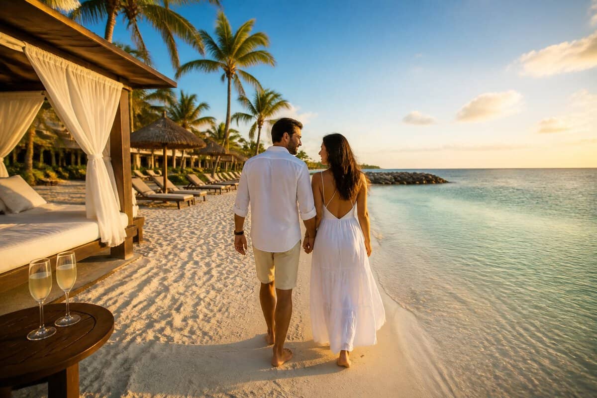 A couple walks along a white-sand beach beside a luxurious Aruba resort at sunset.