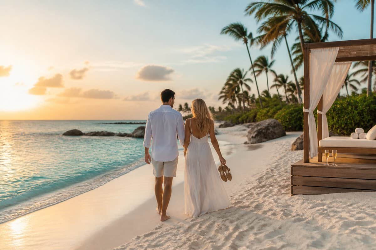 A newlywed couple walks along a white-sand Aruba beach at sunset beside turquoise water and a tropical resort cabana.