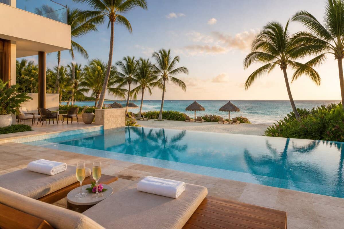 A luxurious Aruba resort pool overlooks a turquoise Caribbean sea, with palm trees, white sand, and two champagne glasses nearby.