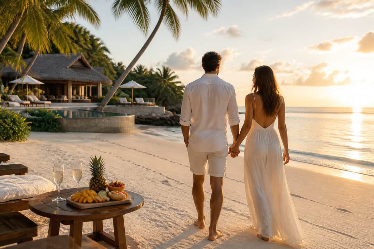 A couple walks hand in hand along a tropical beach beside a luxurious resort.
