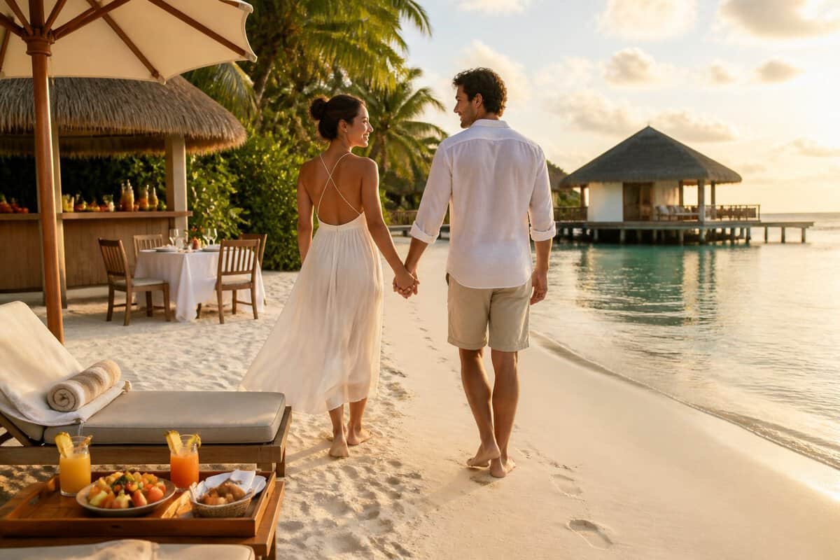 Newlywed couple walking hand in hand along a tropical resort beach with an overwater bungalow and breakfast setup nearby.