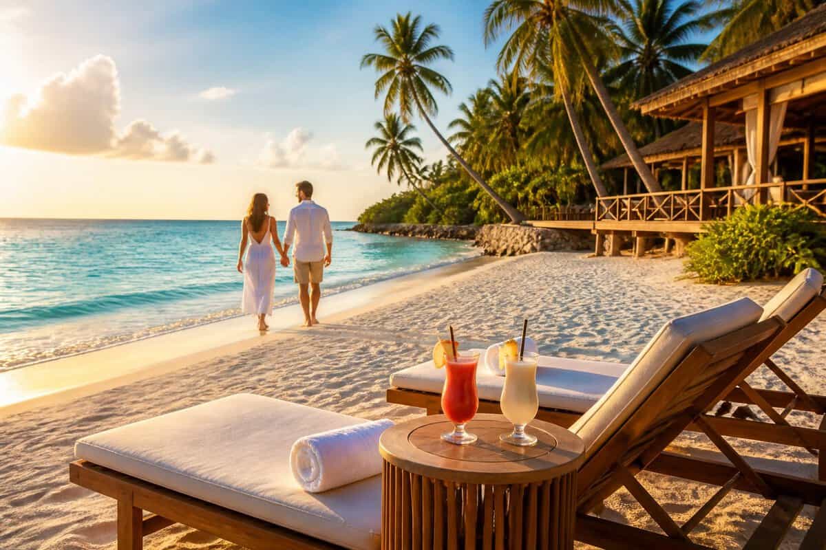 A couple walks hand in hand along the shore of a tropical beach resort.