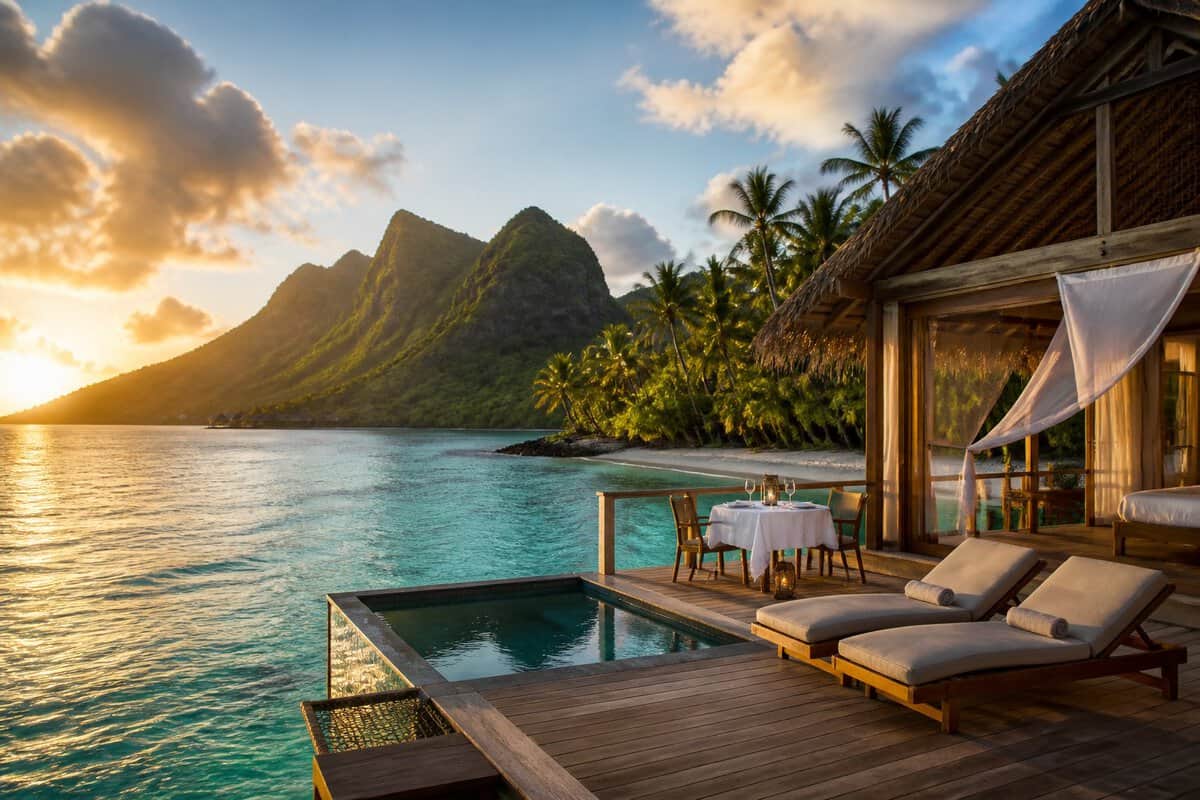 A secluded luxury beachfront villa overlooking turquoise water, with mountains, palm trees, and a private outdoor dining area.