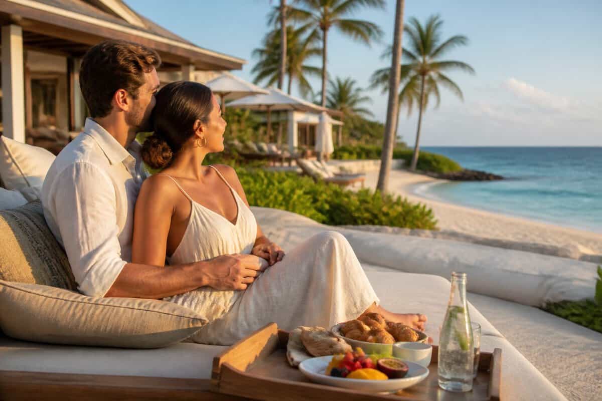A newlywed couple relaxes together at a luxurious tropical beach resort.