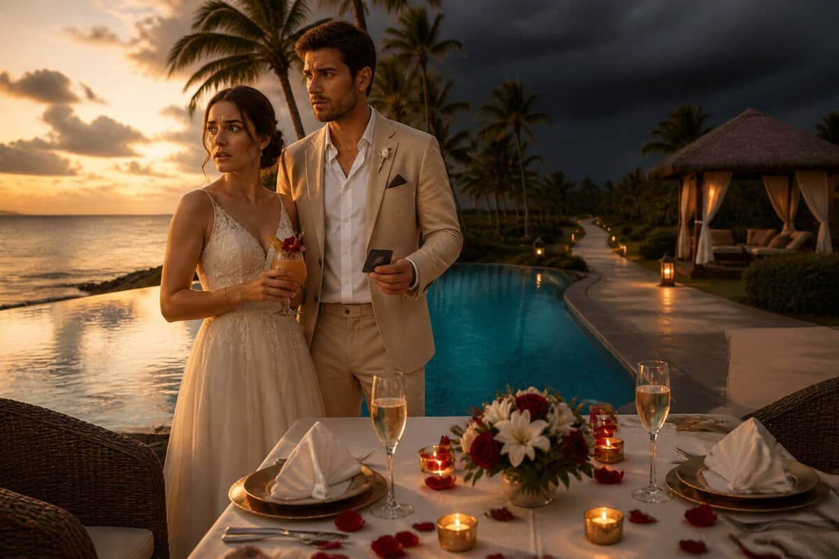 An uneasy newlywed couple stands beside a romantic dinner table at a luxury tropical resort as dark clouds gather in the distance.
