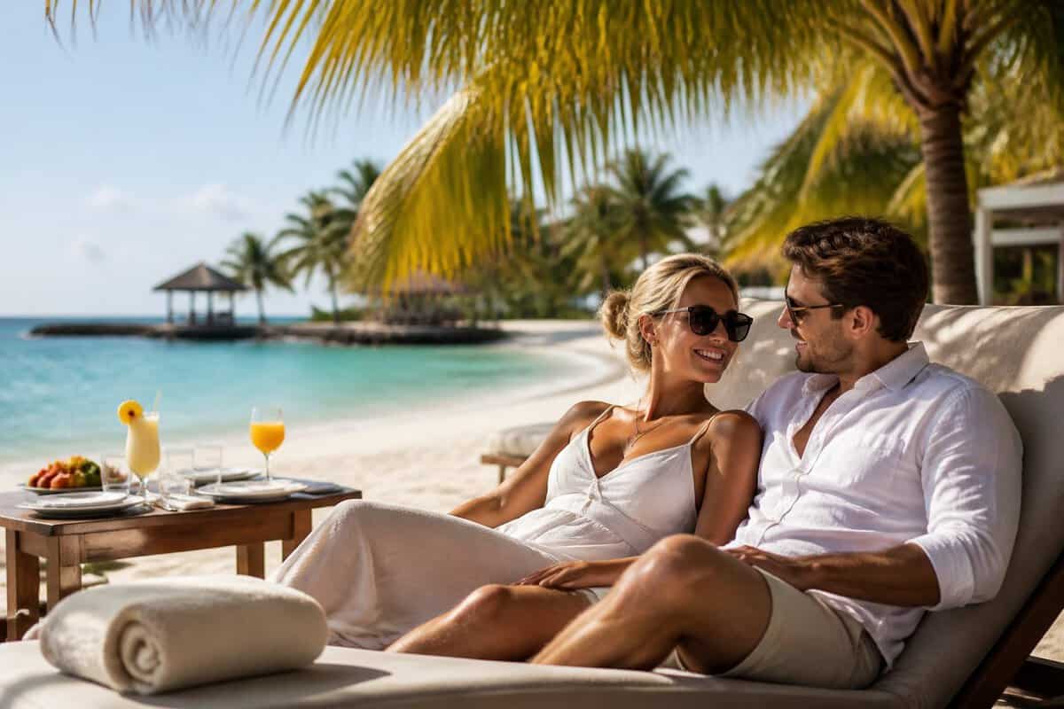 A newlywed couple relaxes together at a tropical beachfront resort.